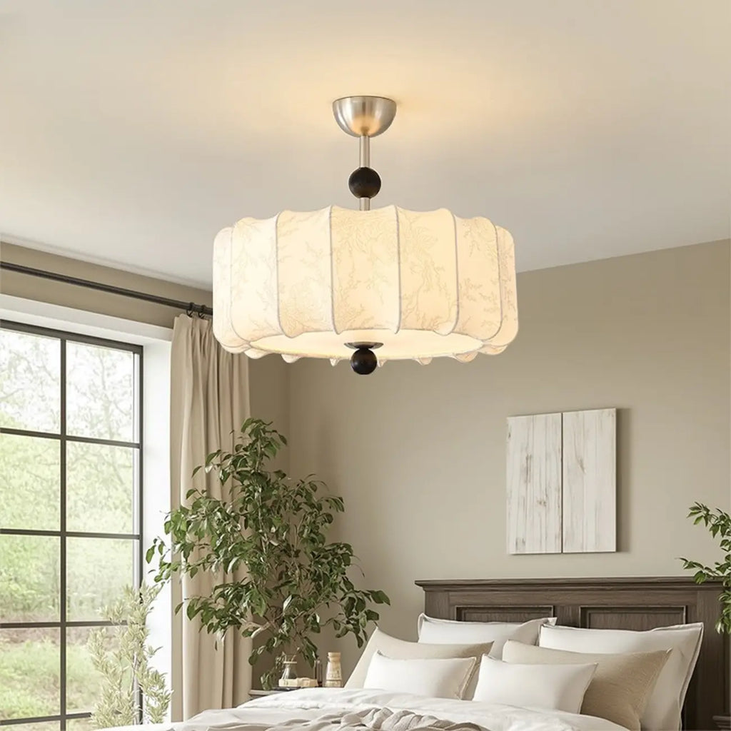 White Fabric Drum Contemporary Pendant Chandelier Light
