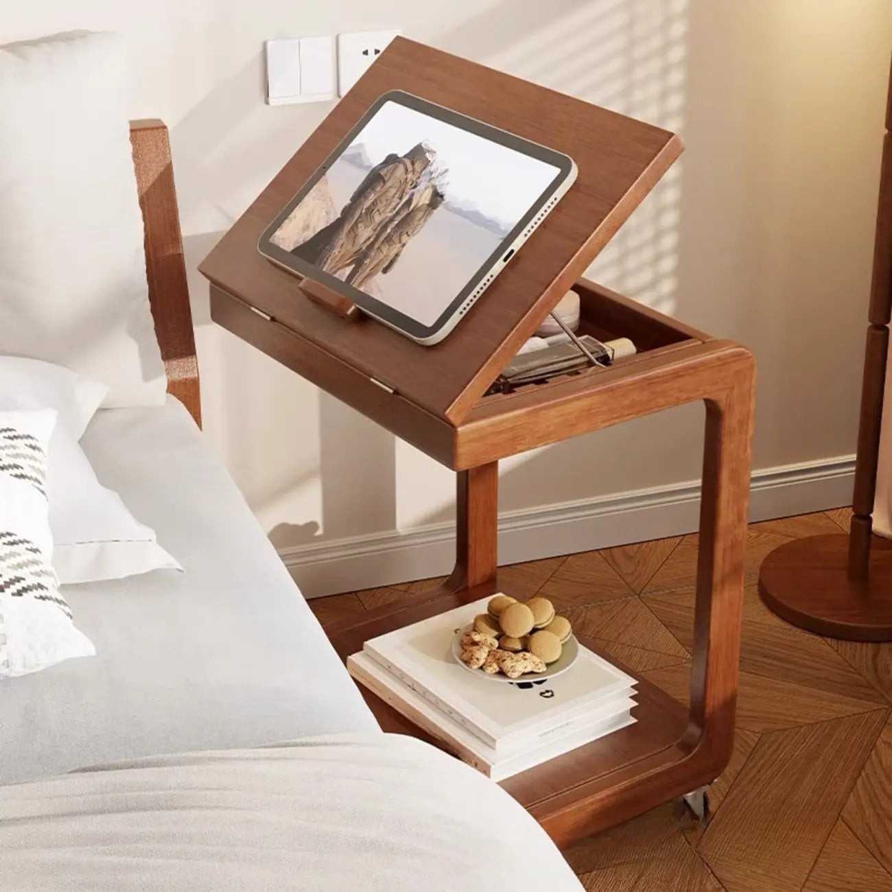 Adjustable Tabletop Wood C Shaped Side Table with Wheels