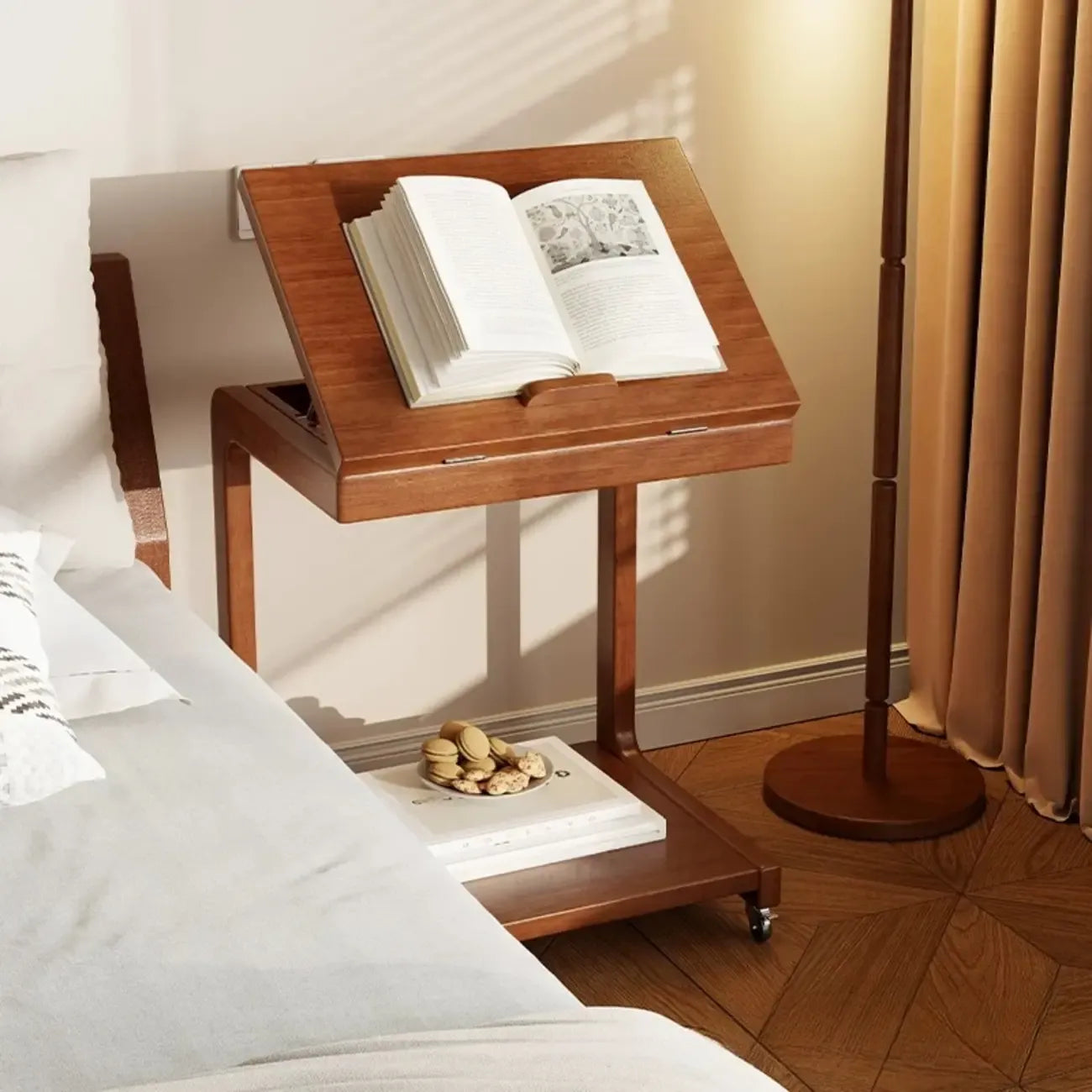 Adjustable Tabletop Wood C Shaped Side Table with Wheels