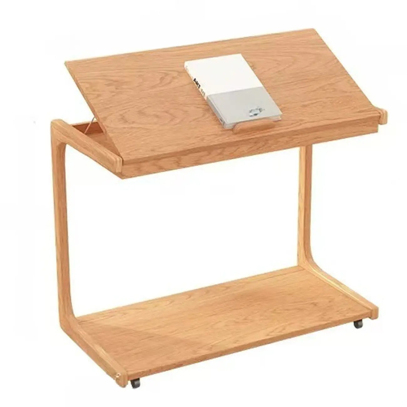 Adjustable Tabletop Wood C Shaped Side Table with Wheels