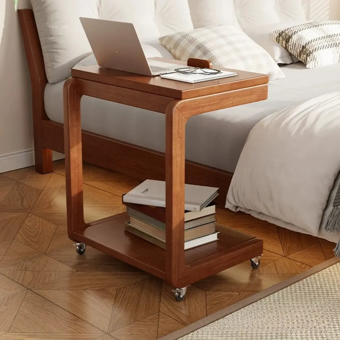 Adjustable Tabletop Wood C Shaped Side Table with Wheels