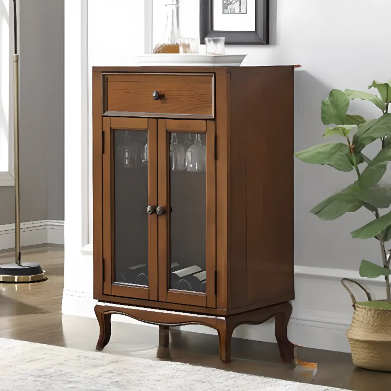 Rustic Wood Wine Cabinet with Bar Glass Holder