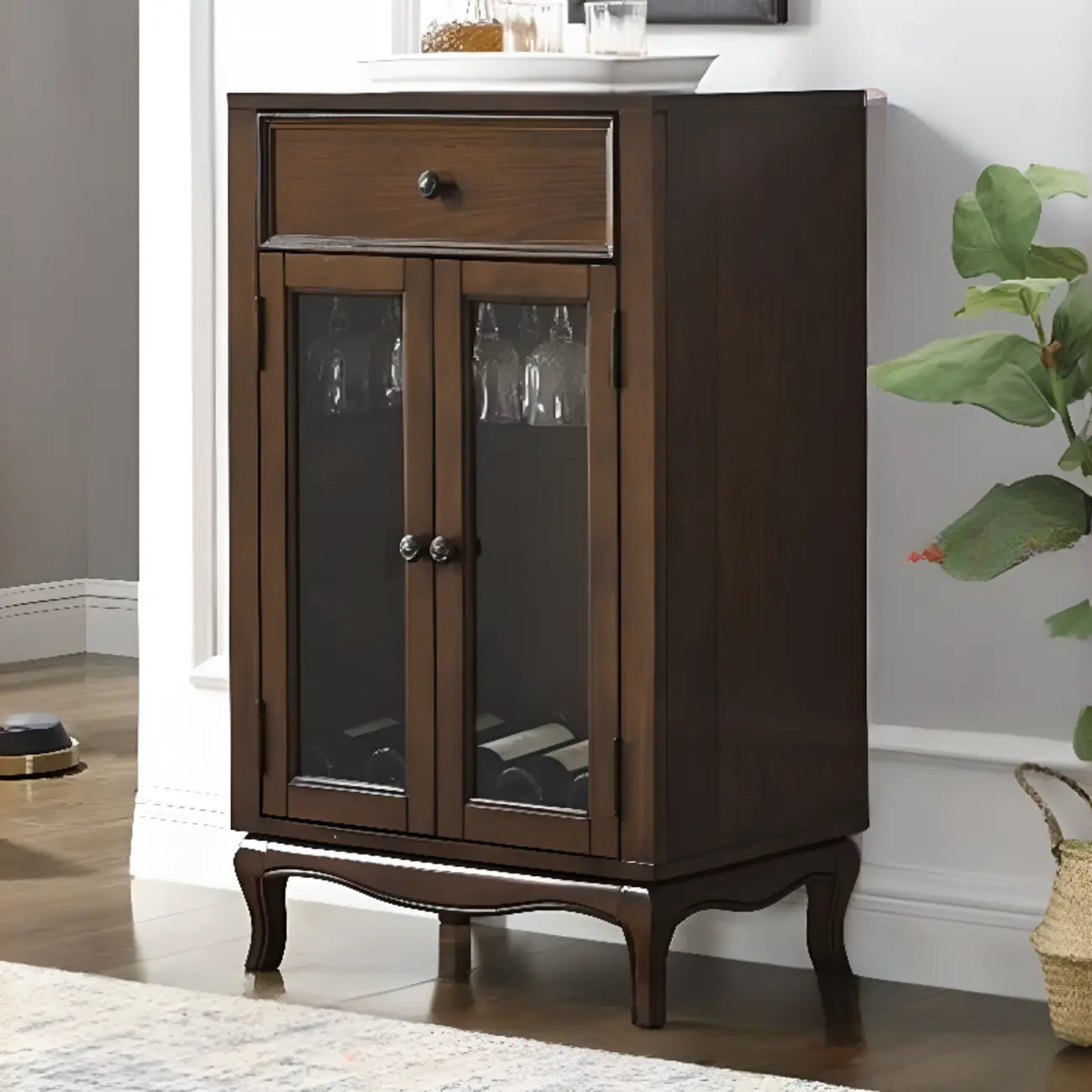 Rustic Wood Wine Cabinet with Bar Glass Holder