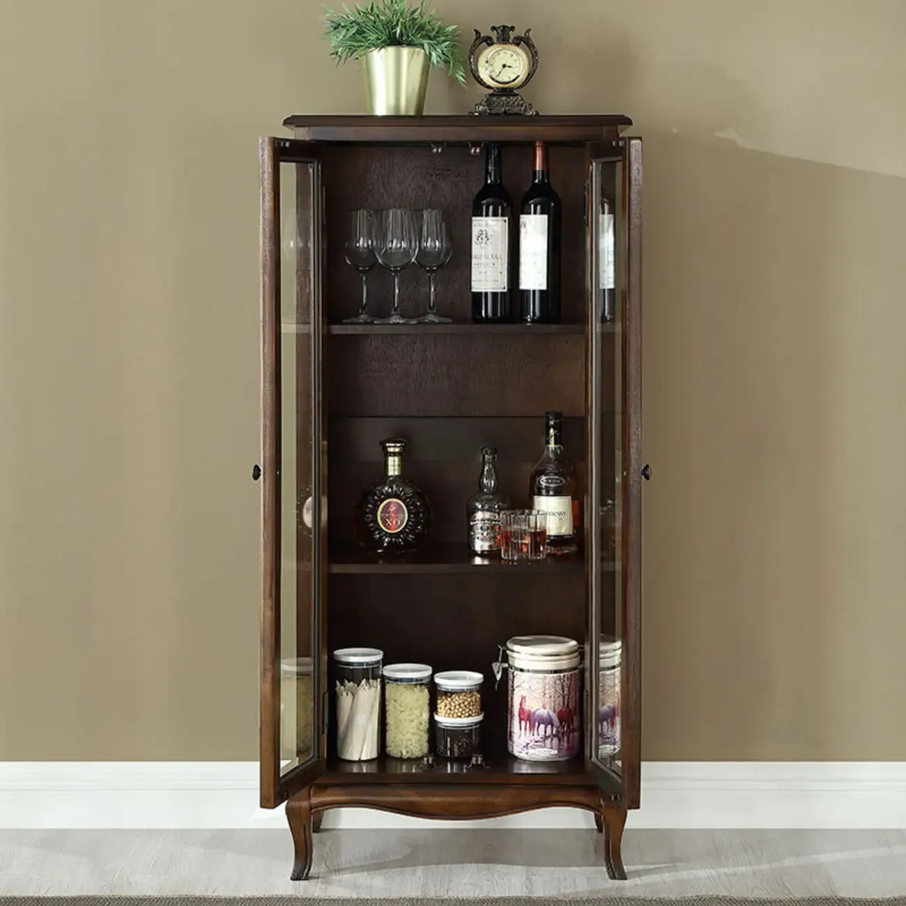 Rustic Wood Wine Cabinet with Bar Glass Holder