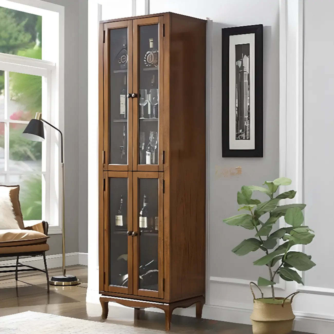 Rustic Wood Wine Cabinet with Bar Glass Holder