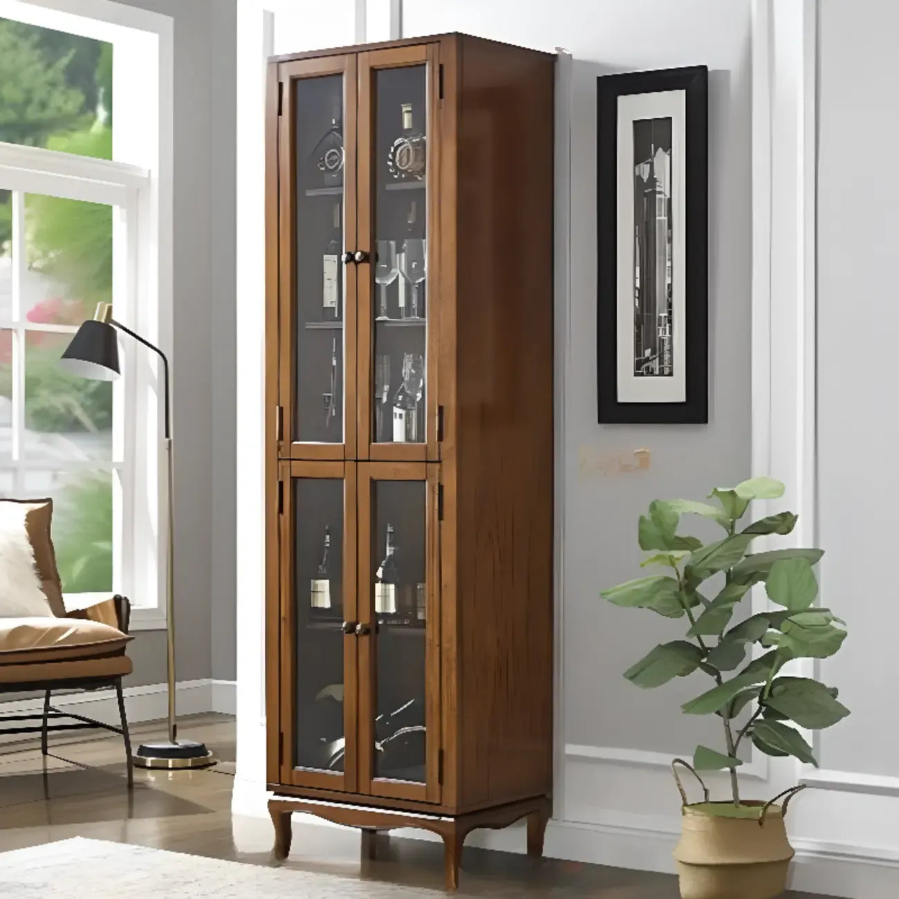 Rustic Wood Wine Cabinet with Bar Glass Holder