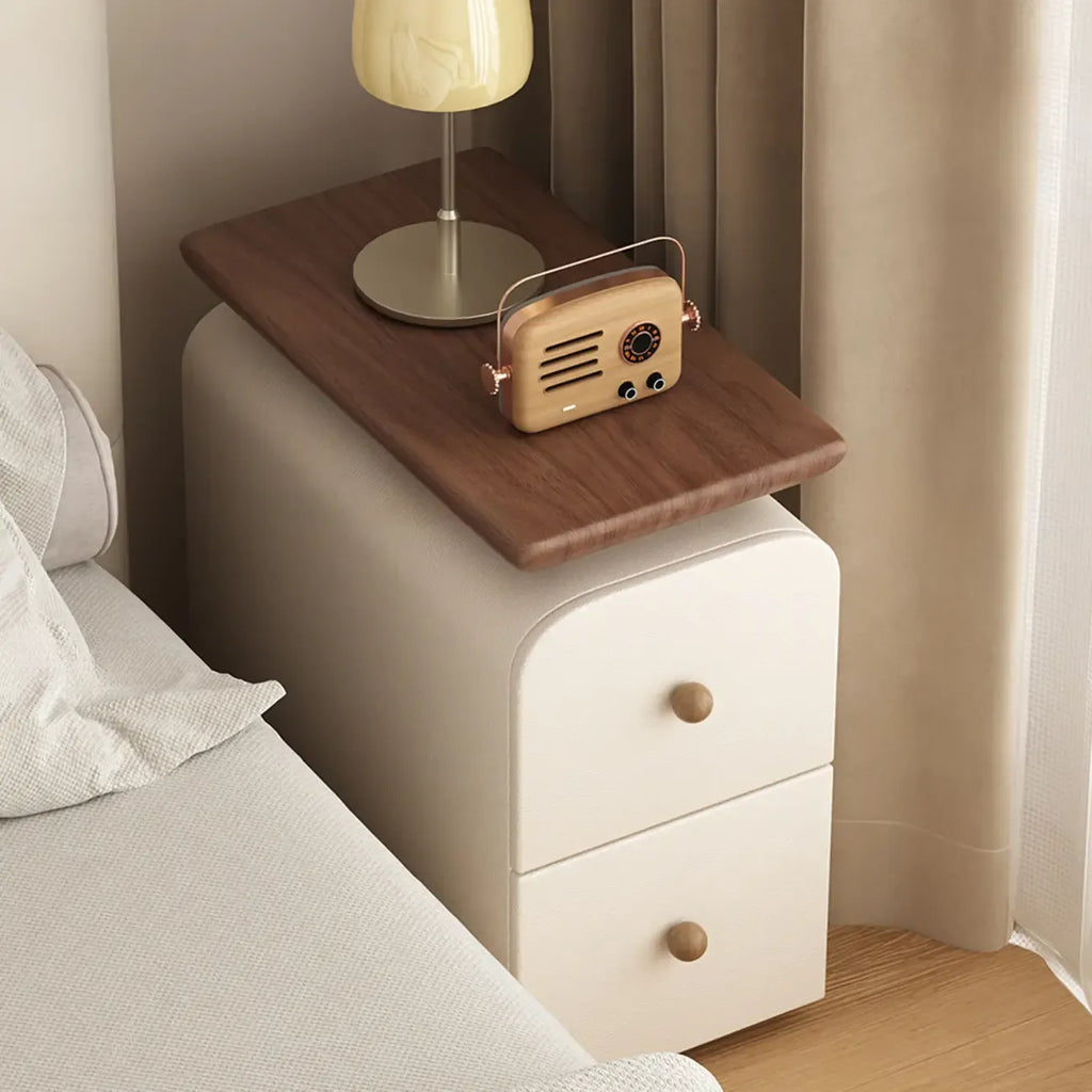 Faux Leather Modern Curved Nightstand Wood Top