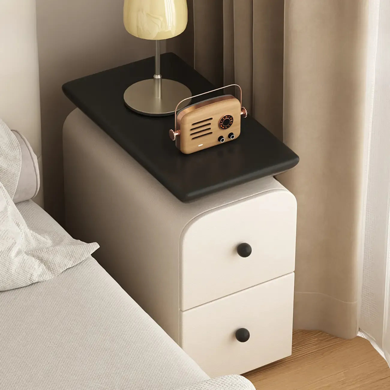 Faux Leather Modern Curved Nightstand Wood Top