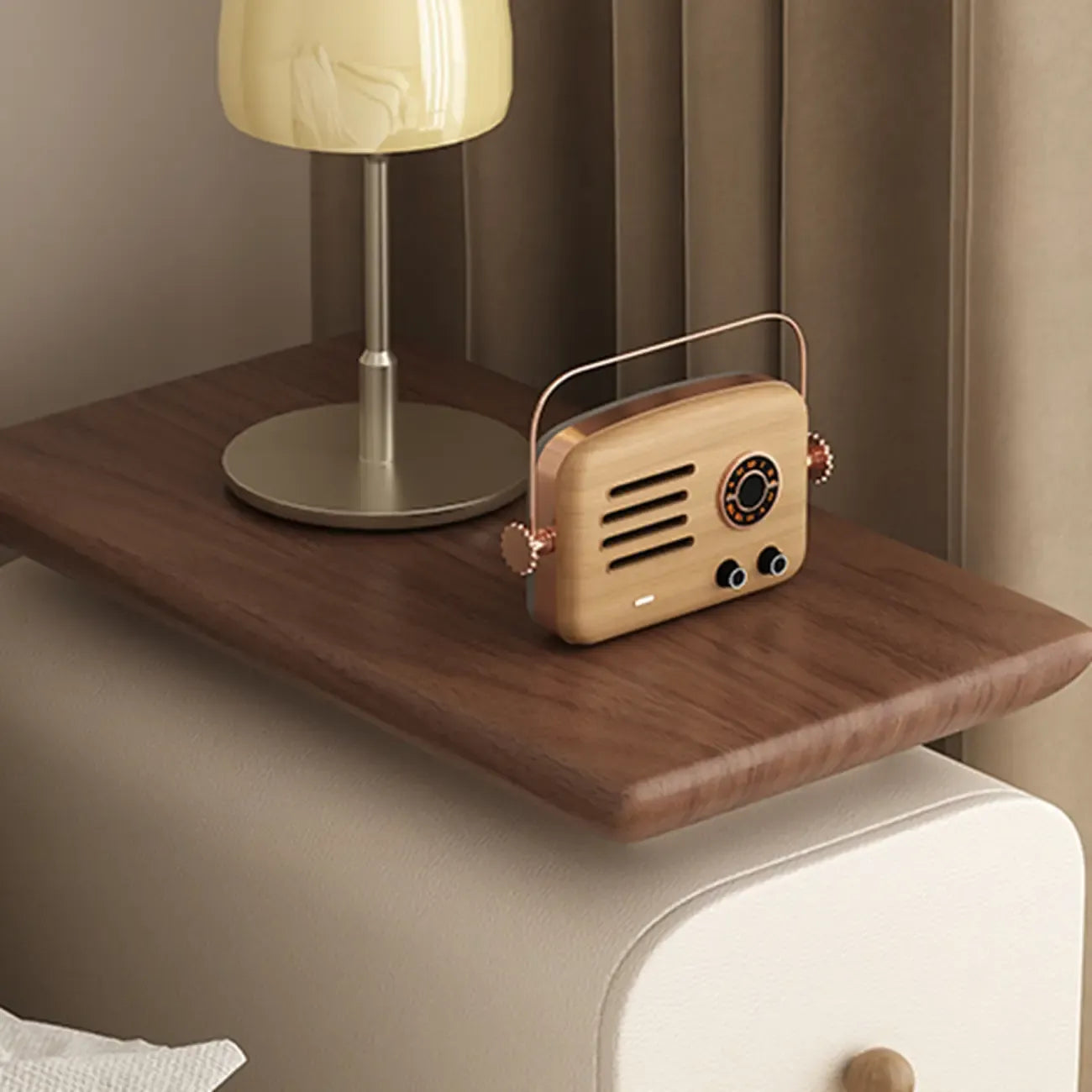 Faux Leather Modern Curved Nightstand Wood Top