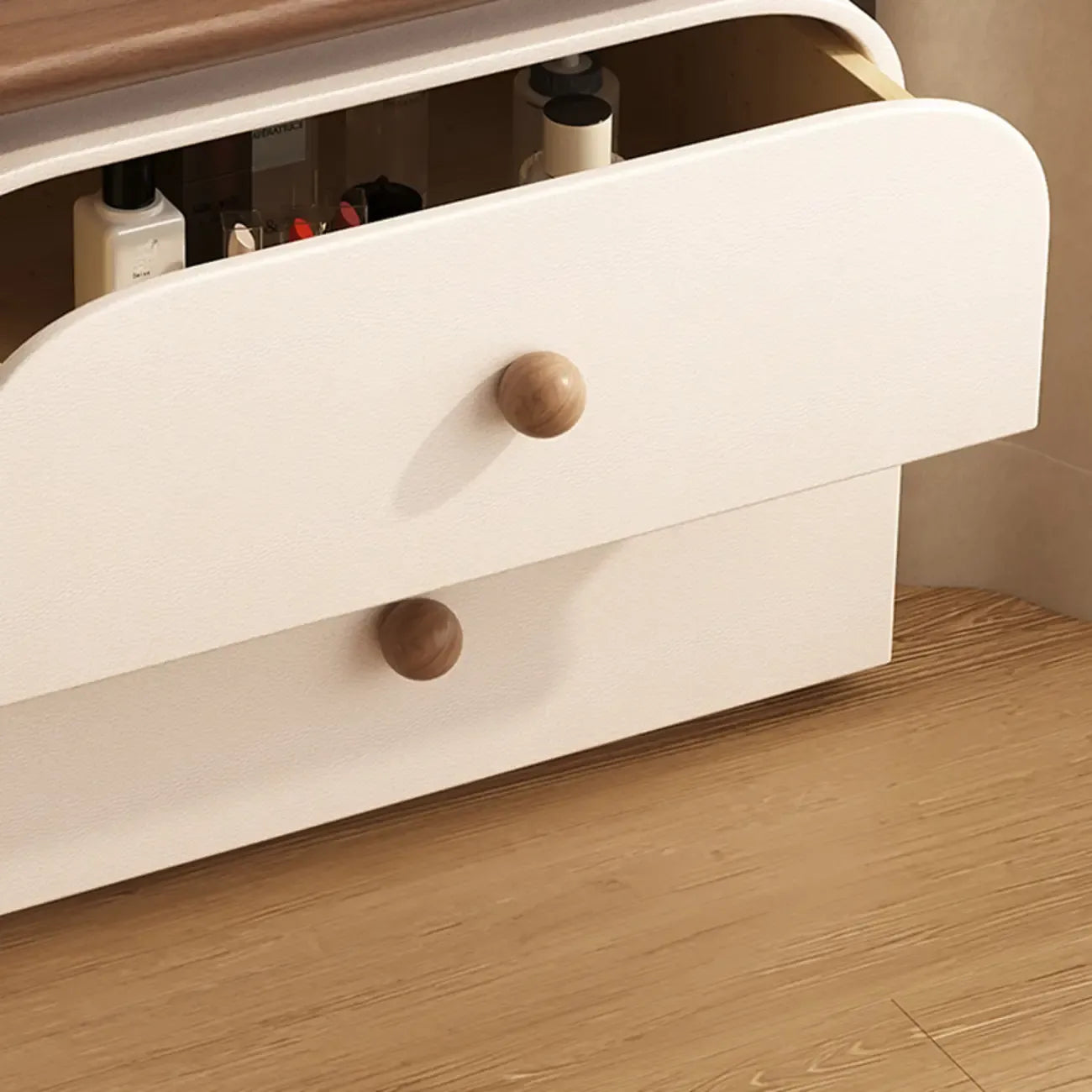 Faux Leather Modern Curved Nightstand Wood Top