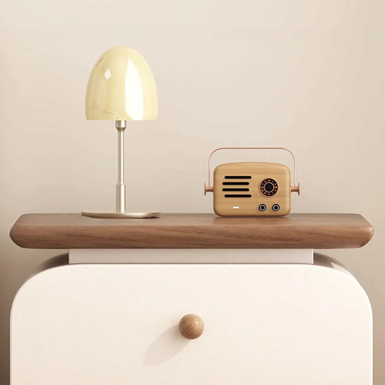 Faux Leather Modern Curved Nightstand Wood Top