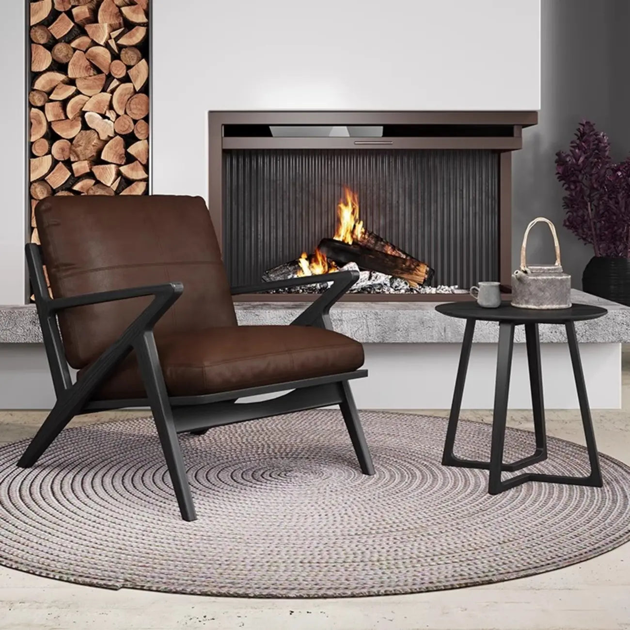 Brown Genuine Leather High Back Armrest Accent Chair