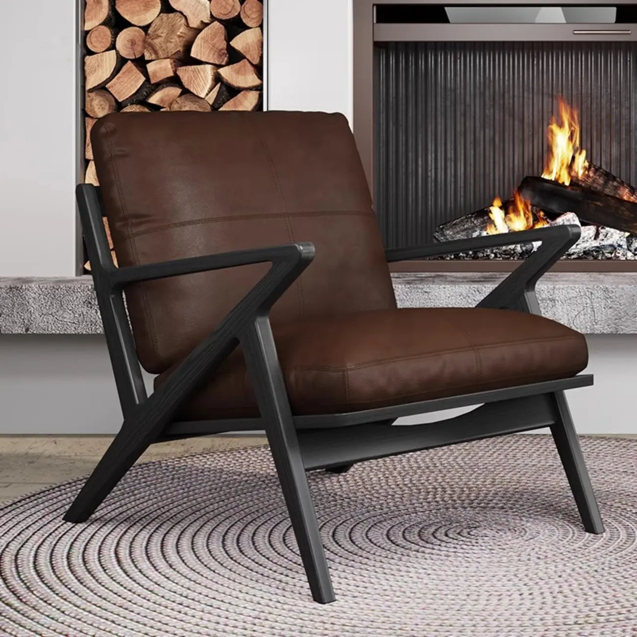 Brown Genuine Leather High Back Armrest Accent Chair