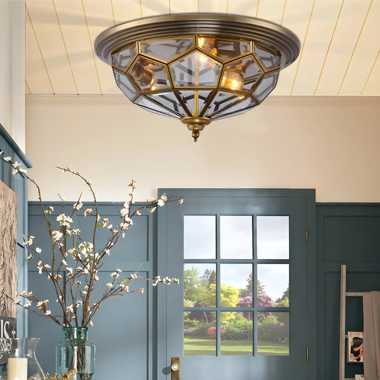 Vintage Nickel Glass Flush Mount Ceiling Light