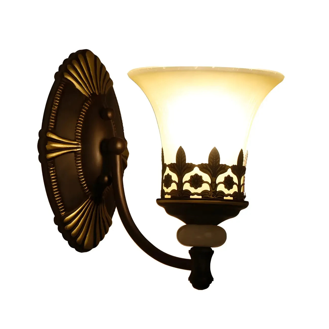 Dark Brown Metal Filigree Retro Flared Glass Wall Sconce