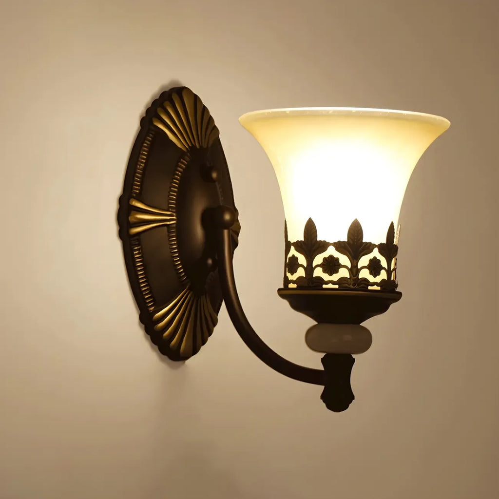 Dark Brown Metal Filigree Retro Flared Glass Wall Sconce