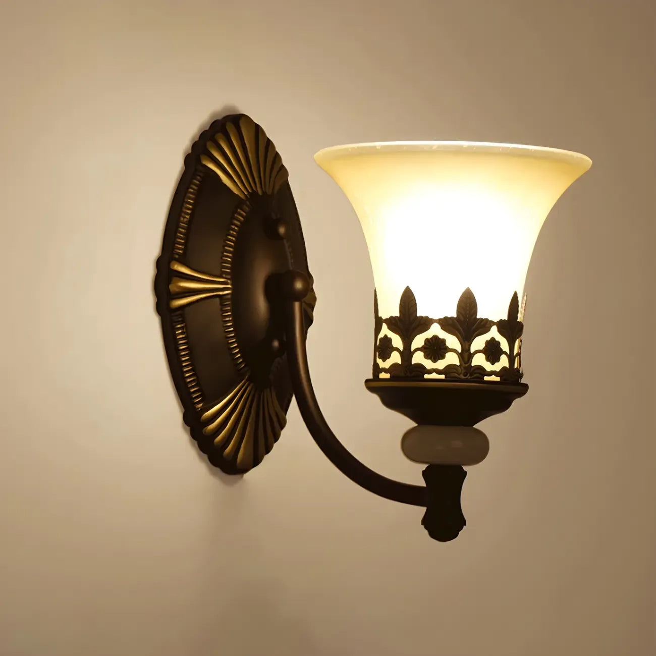 Dark Brown Metal Filigree Retro Flared Glass Wall Sconce