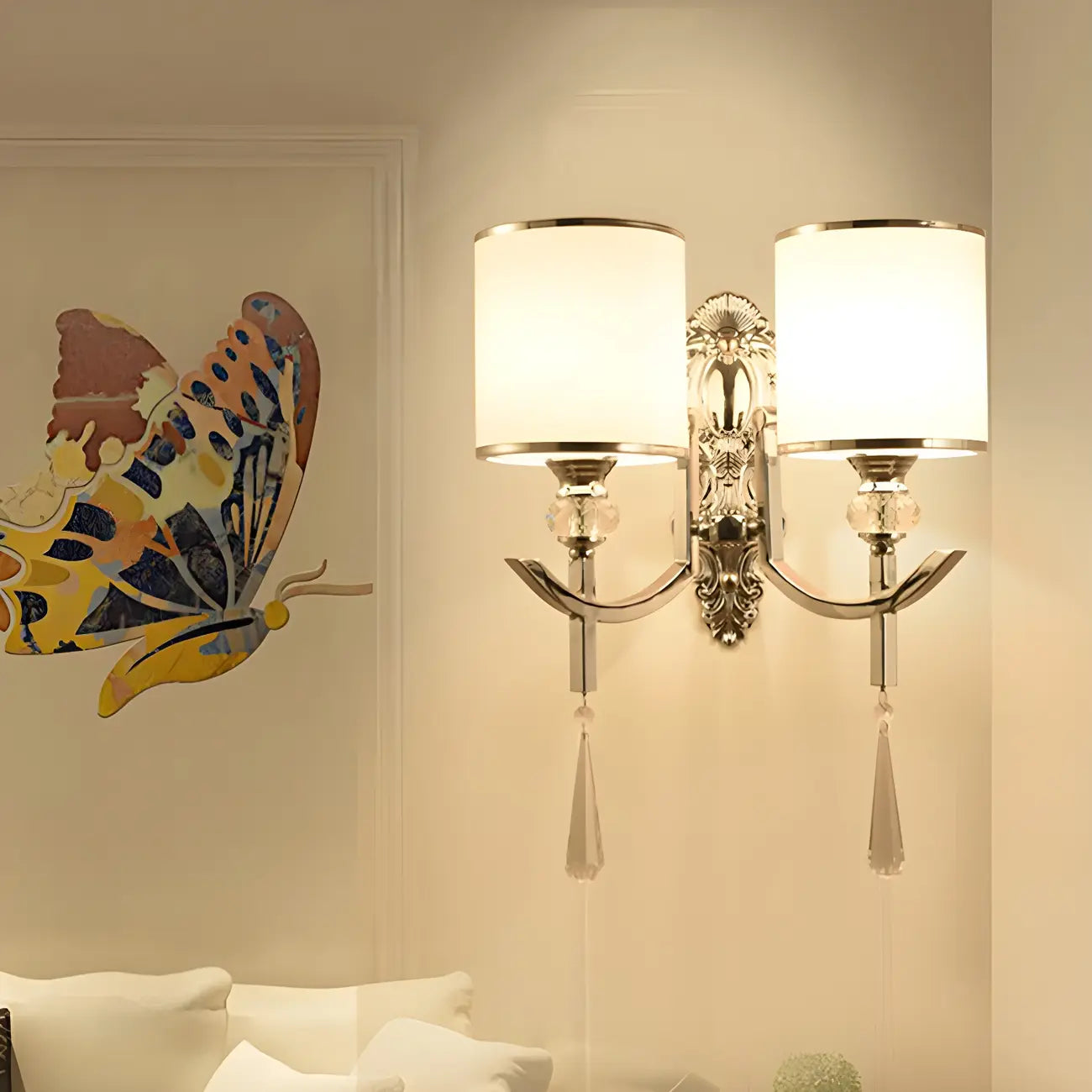 Modern Chrome Cylinder Shade Wall Sconce with Crystal
