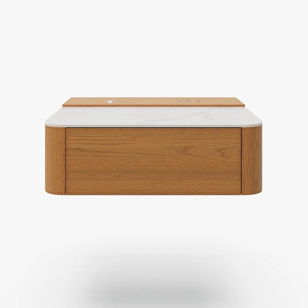 Wireless Cherry Wood Floating Nightstand with Drawers & Light
