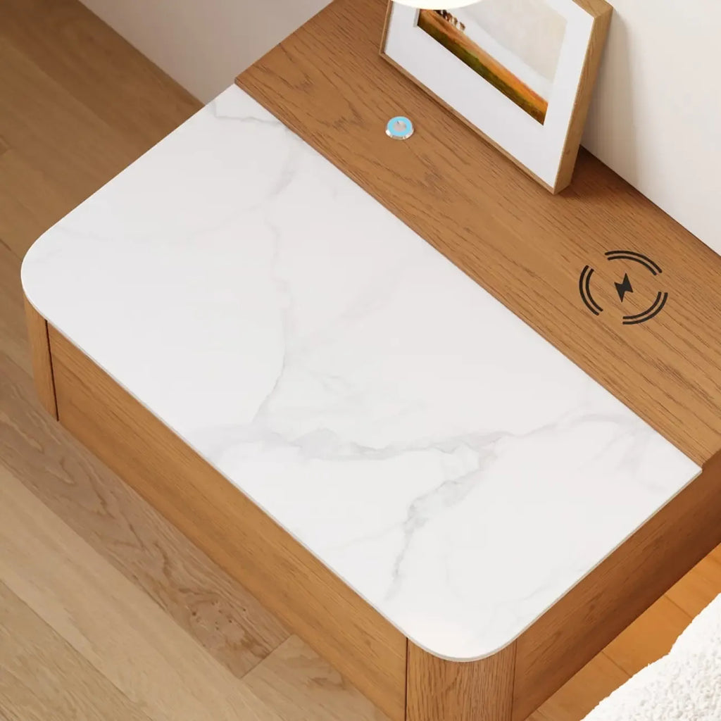 Wireless Cherry Wood Floating Nightstand with Drawers & Light