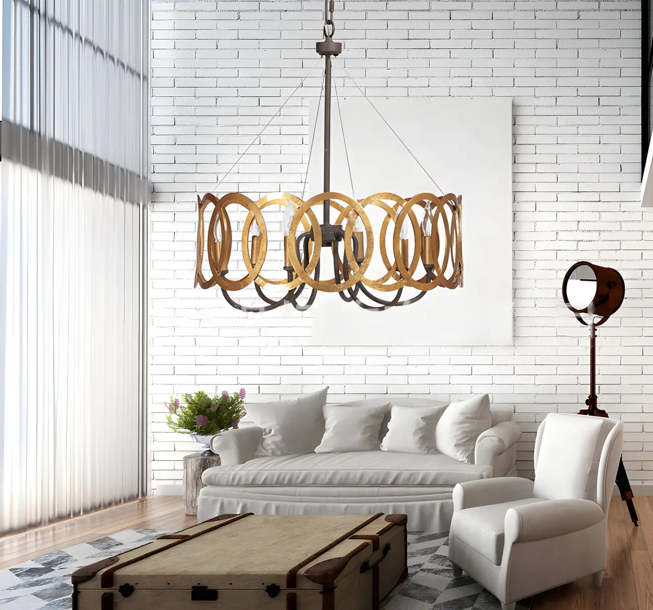 Industrial Rust Style Gold Circular Metal Ring Hoop Chandelier