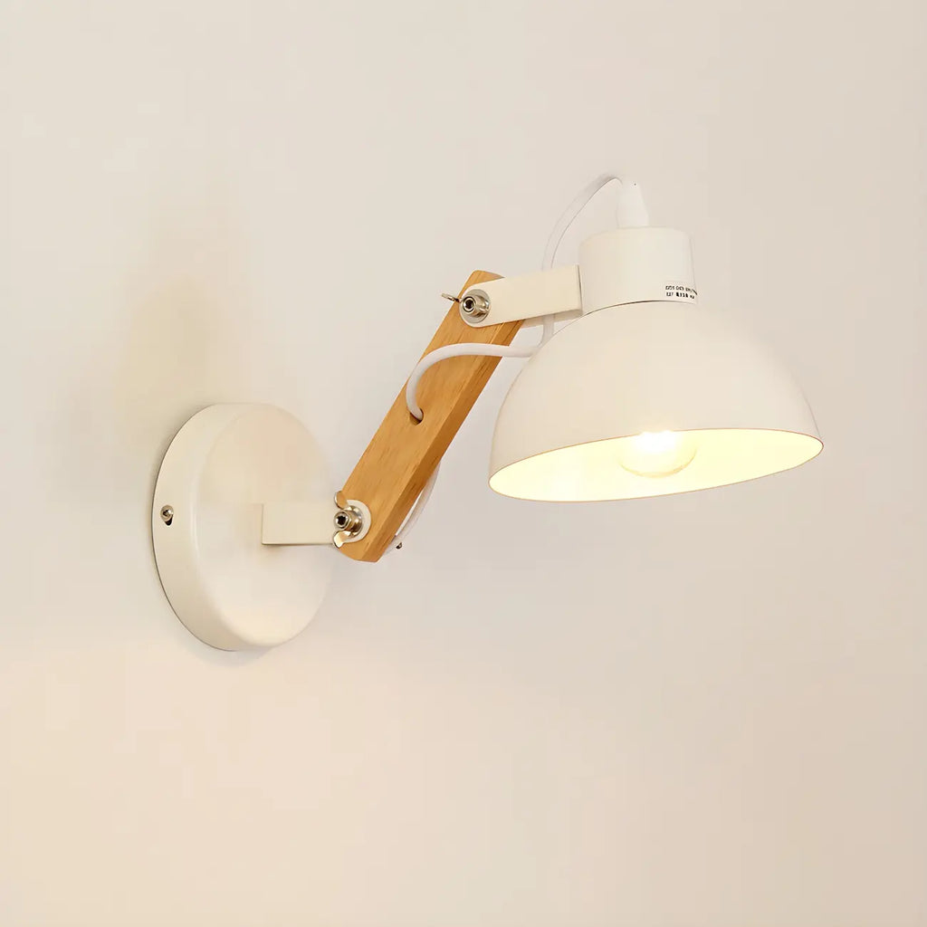 Stylish Natural Wood and White Metal Swing Arm Wall Light