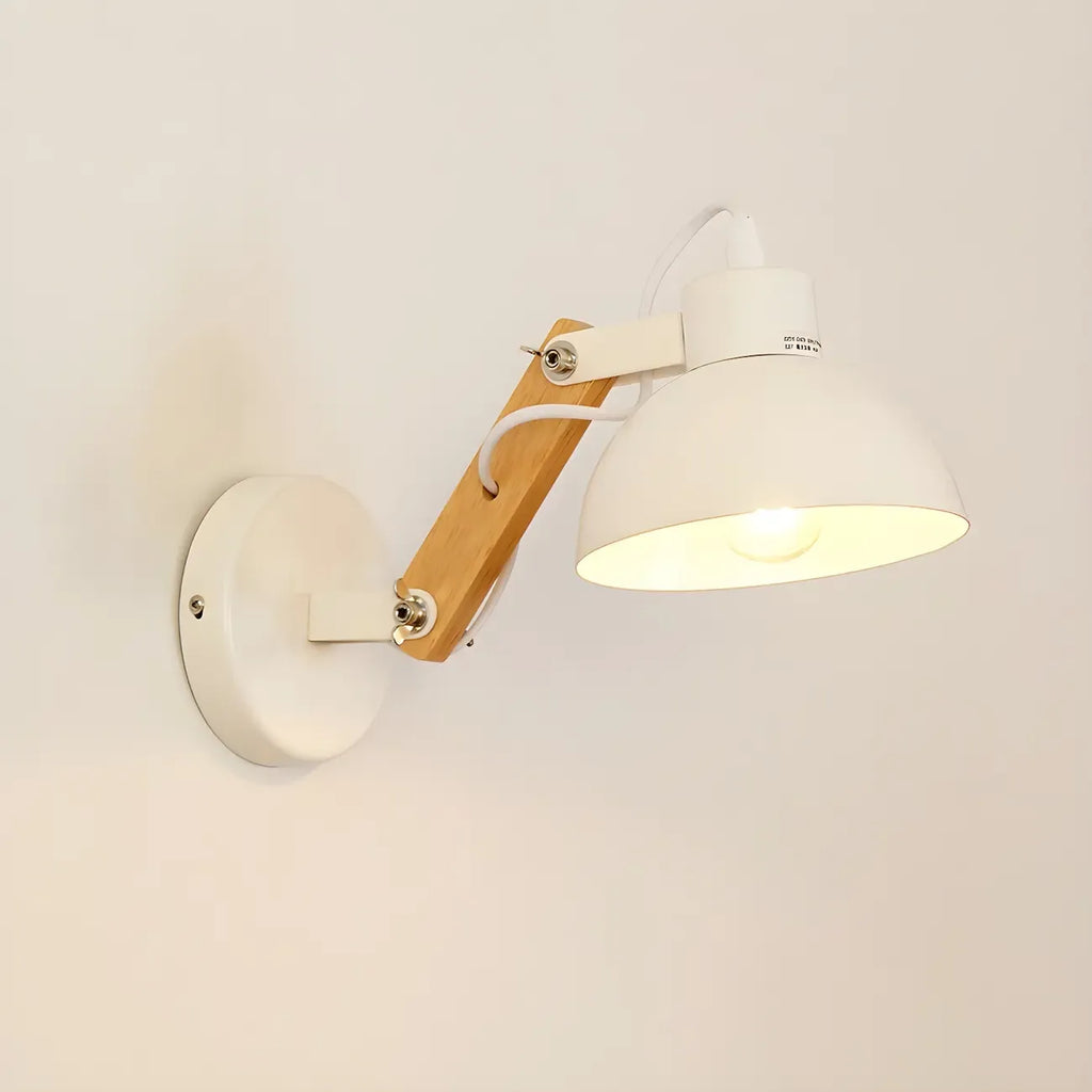 Stylish Natural Wood and White Metal Swing Arm Wall Light