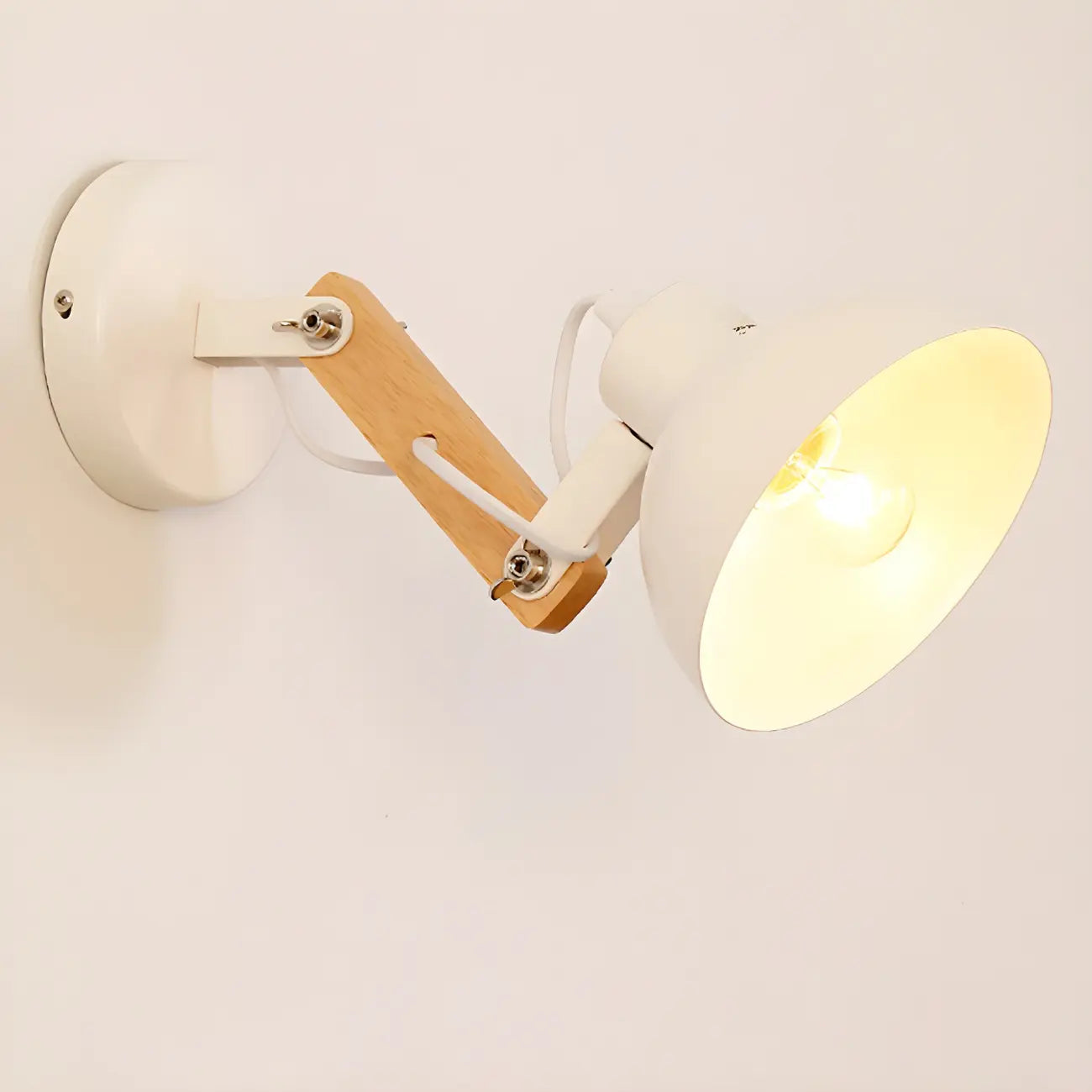 Stylish Natural Wood and White Metal Swing Arm Wall Light