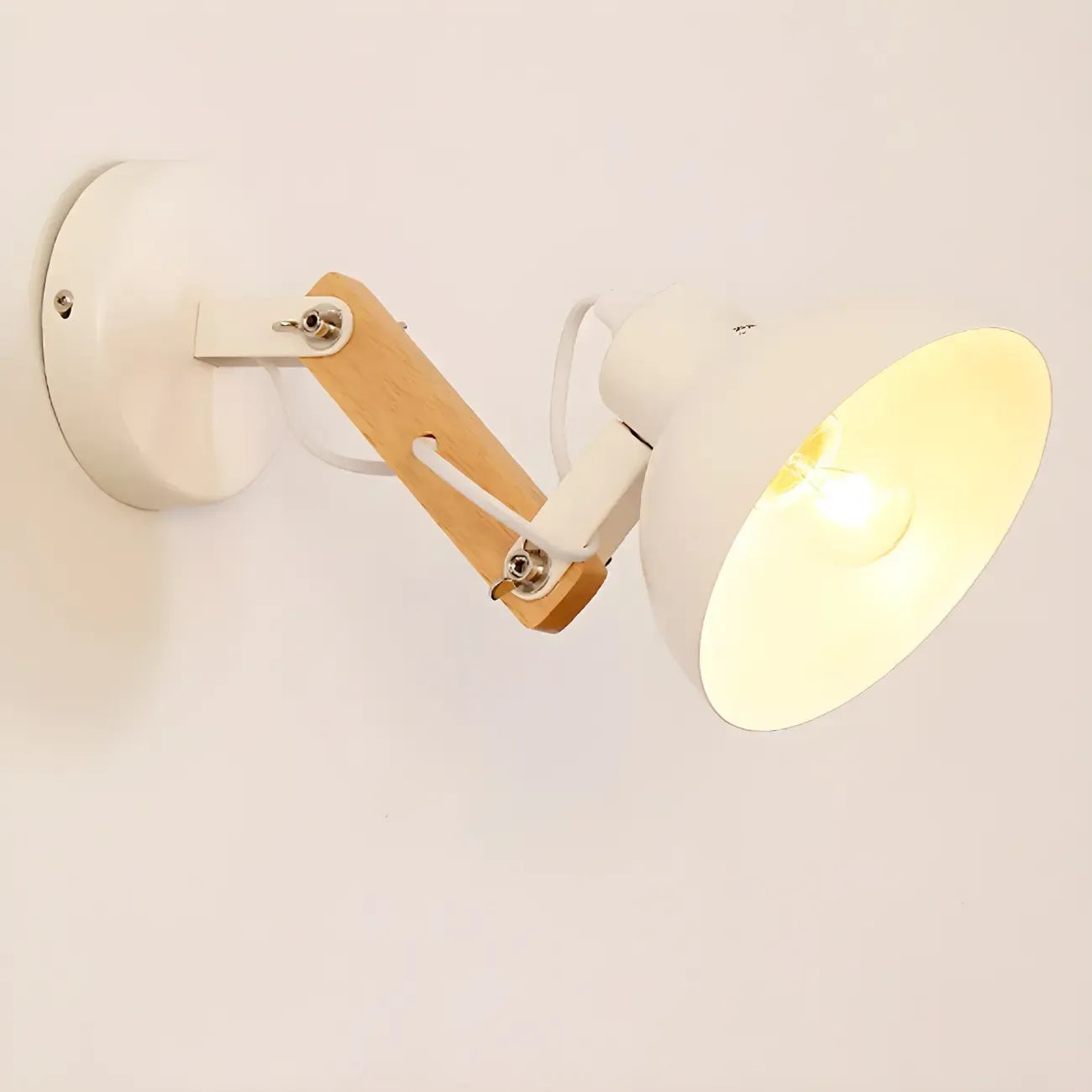 Stylish Natural Wood and White Metal Swing Arm Wall Light