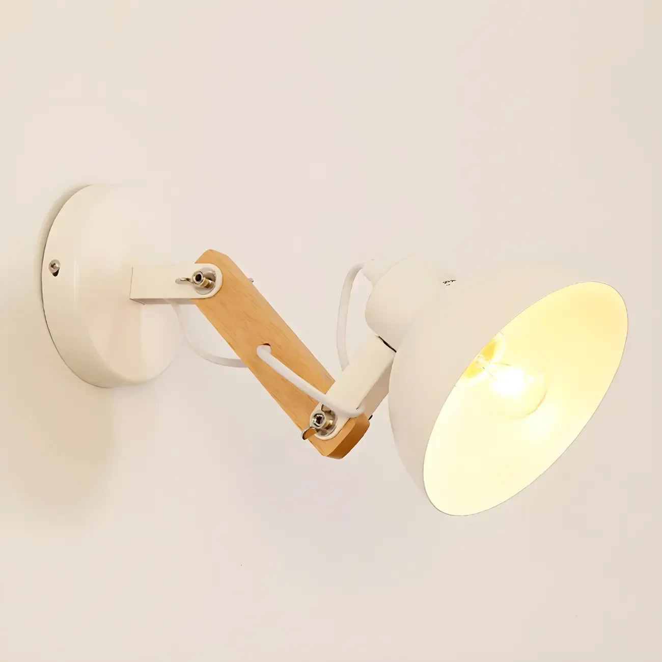 Stylish Natural Wood and White Metal Swing Arm Wall Light