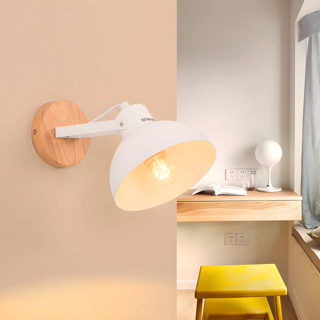 Stylish Natural Wood and White Metal Swing Arm Wall Light