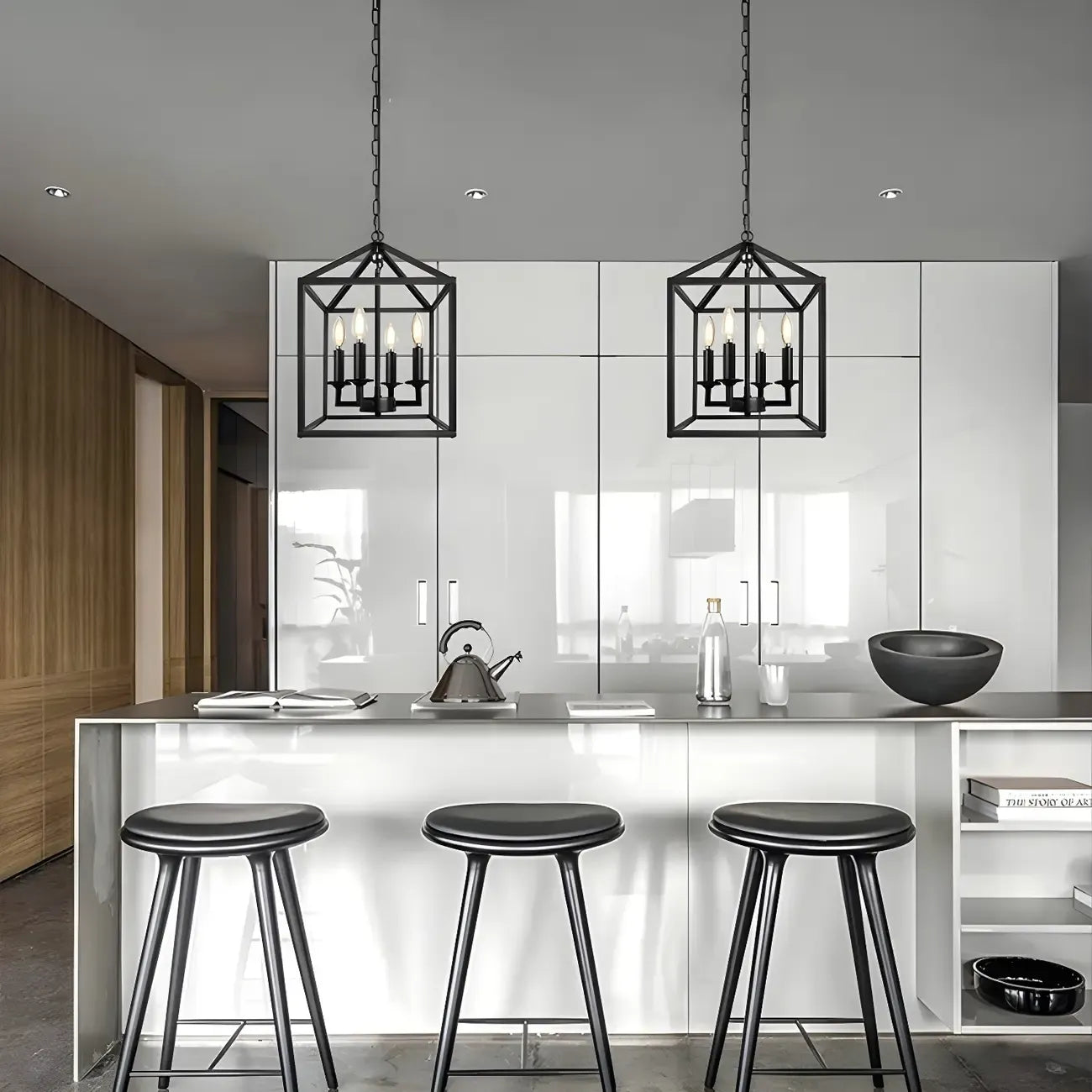 Industrial Black Metal Square Caged Kitchen Pendant Chandelier