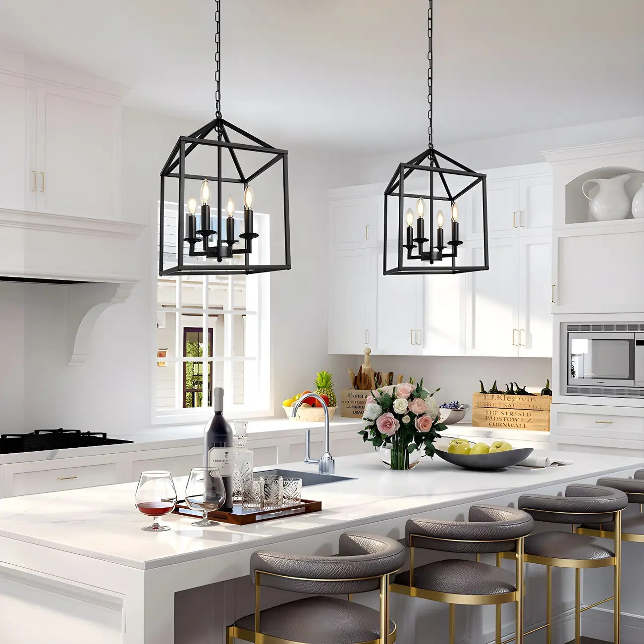 Industrial Black Metal Square Caged Kitchen Pendant Chandelier
