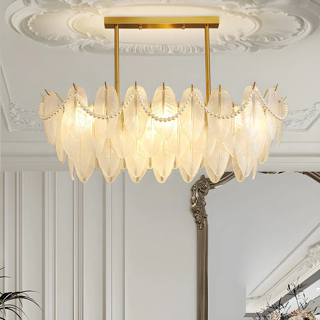 Adjustable Modern Glass Feather Island Chandelier in Gold