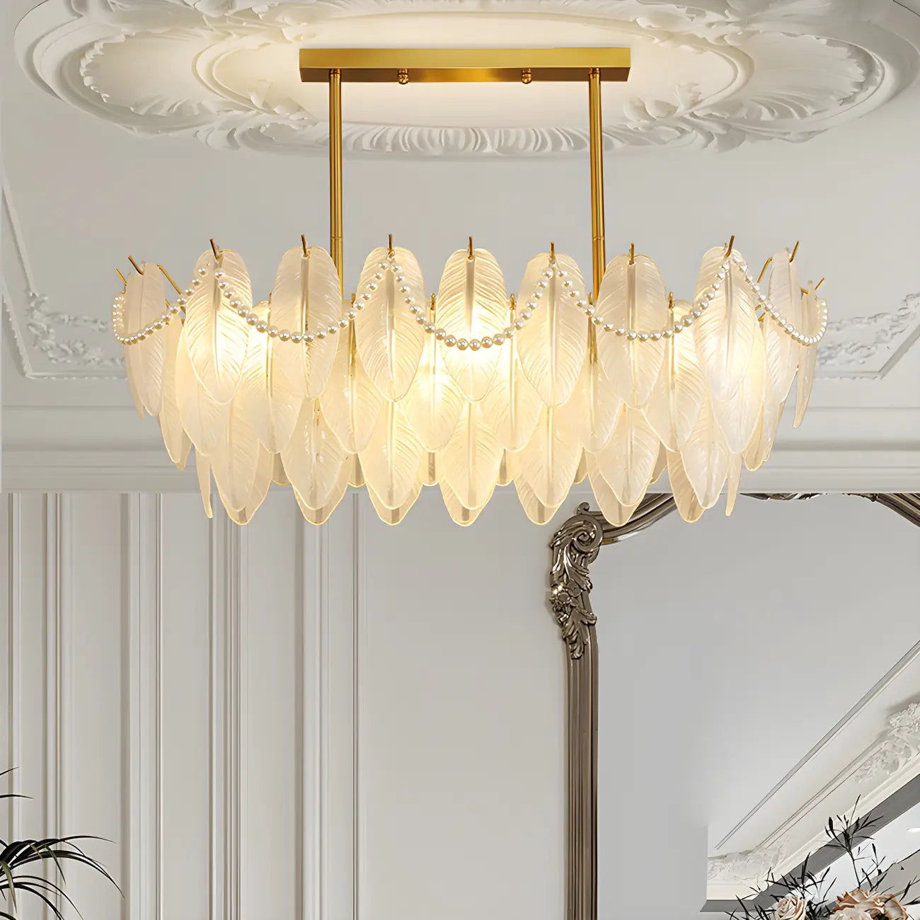 Adjustable Modern Glass Feather Island Chandelier in Gold