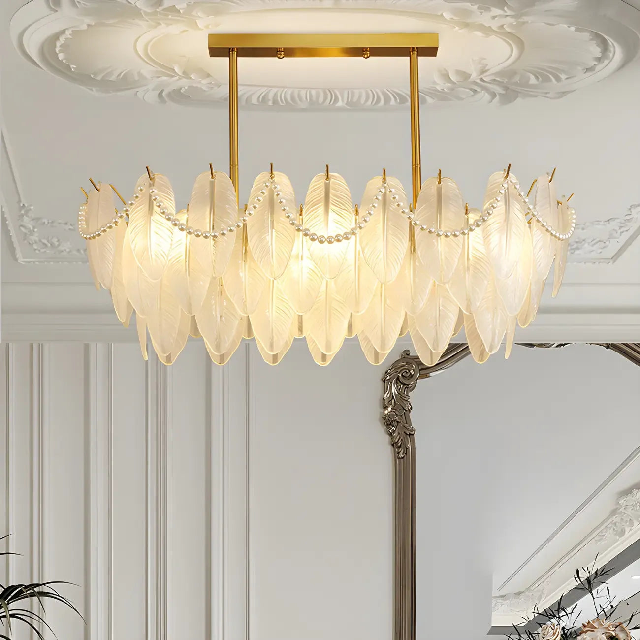 Adjustable Modern Glass Feather Island Chandelier in Gold