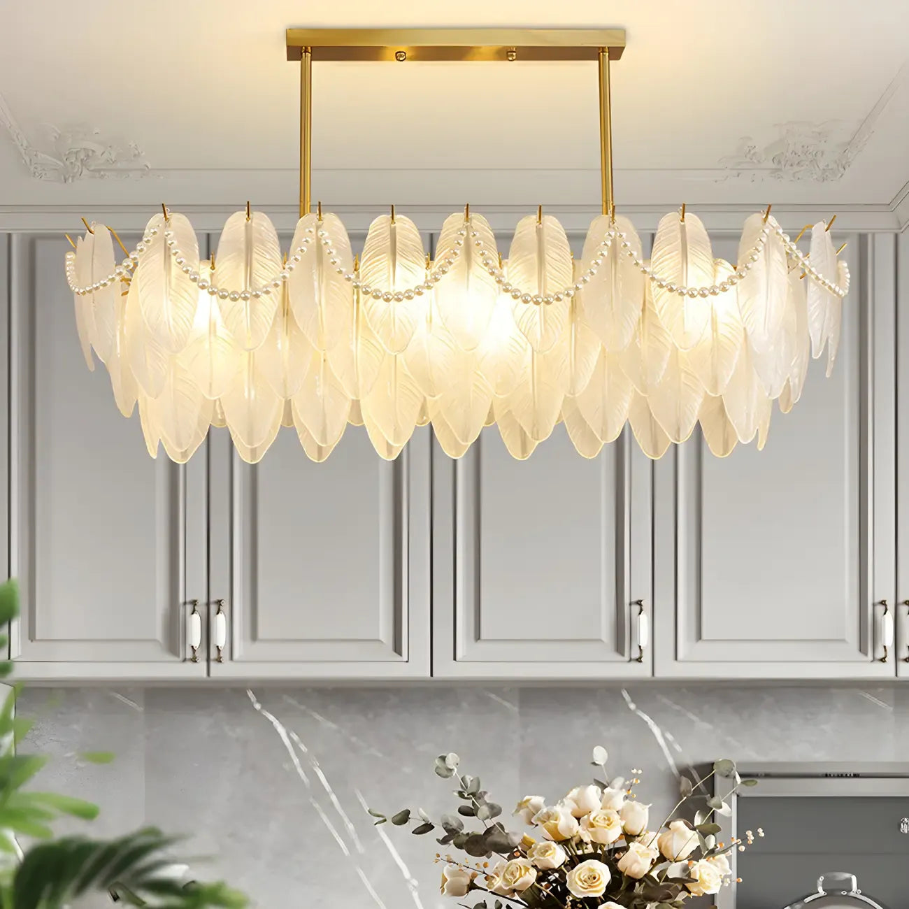 Adjustable Modern Glass Feather Island Chandelier in Gold