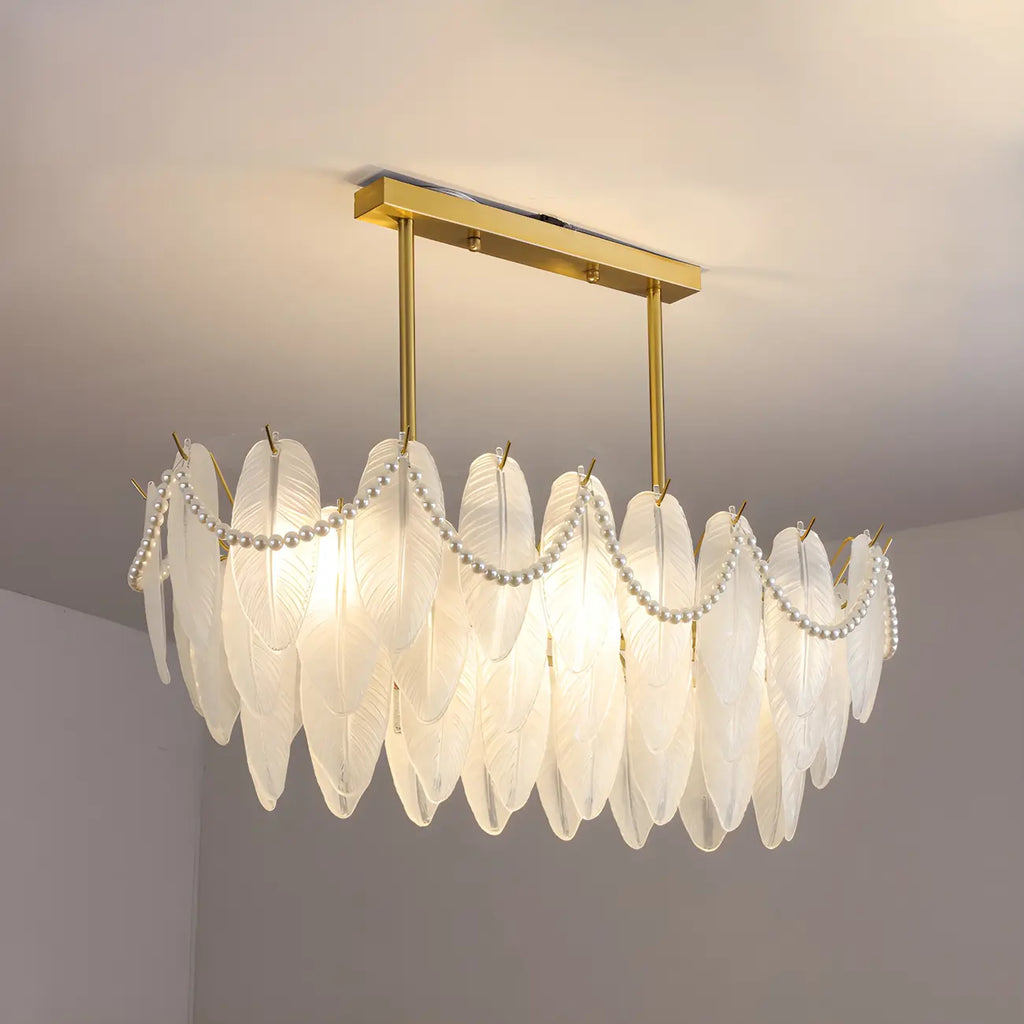 Adjustable Modern Glass Feather Island Chandelier in Gold