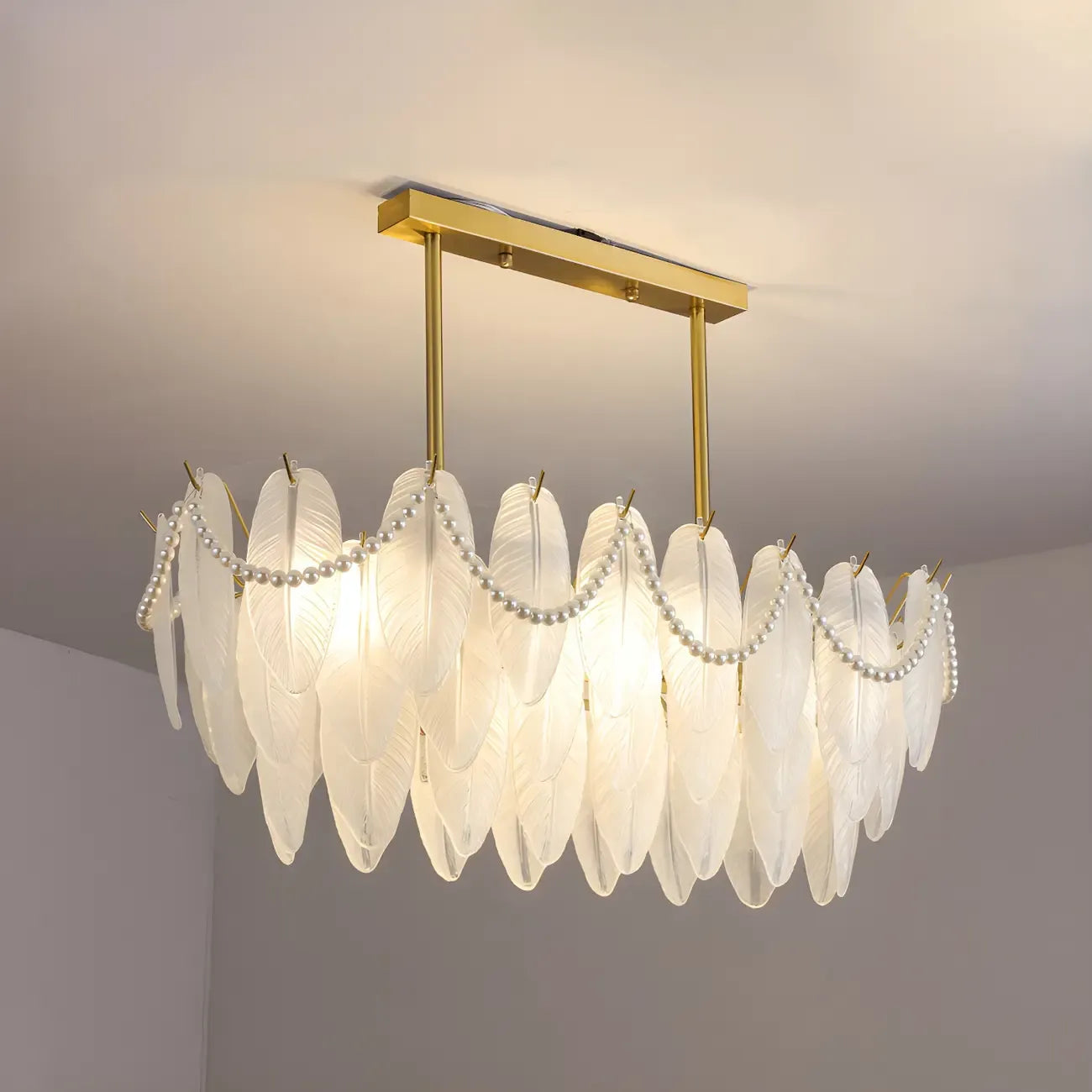 Adjustable Modern Glass Feather Island Chandelier in Gold