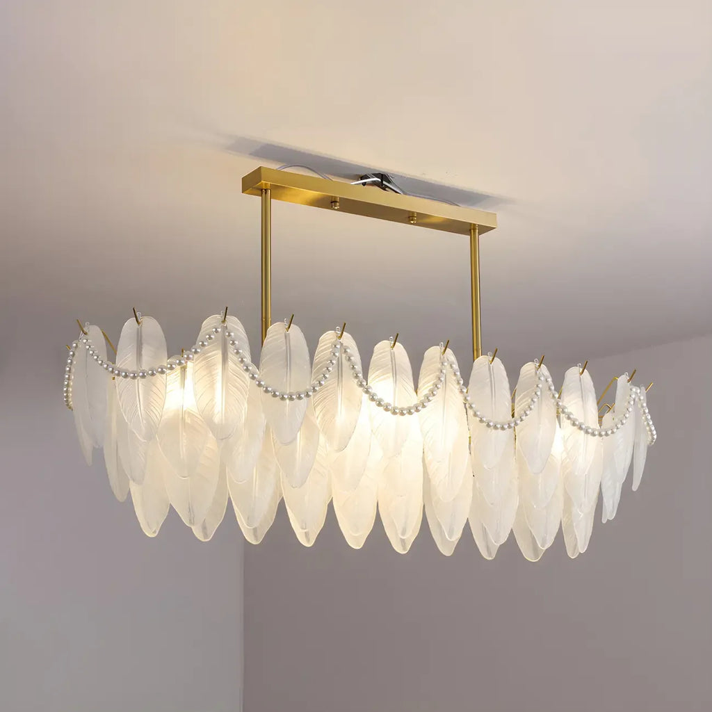 Adjustable Modern Glass Feather Island Chandelier in Gold