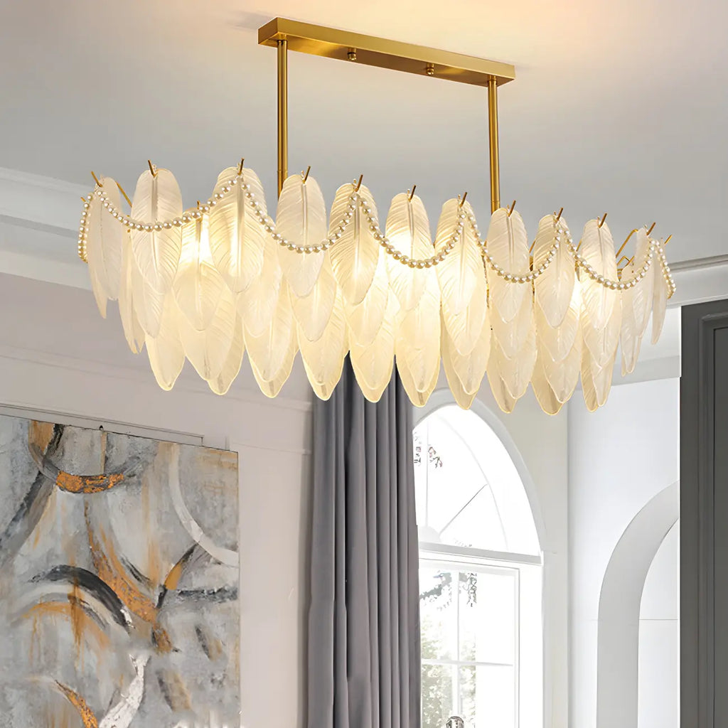 Adjustable Modern Glass Feather Island Chandelier in Gold