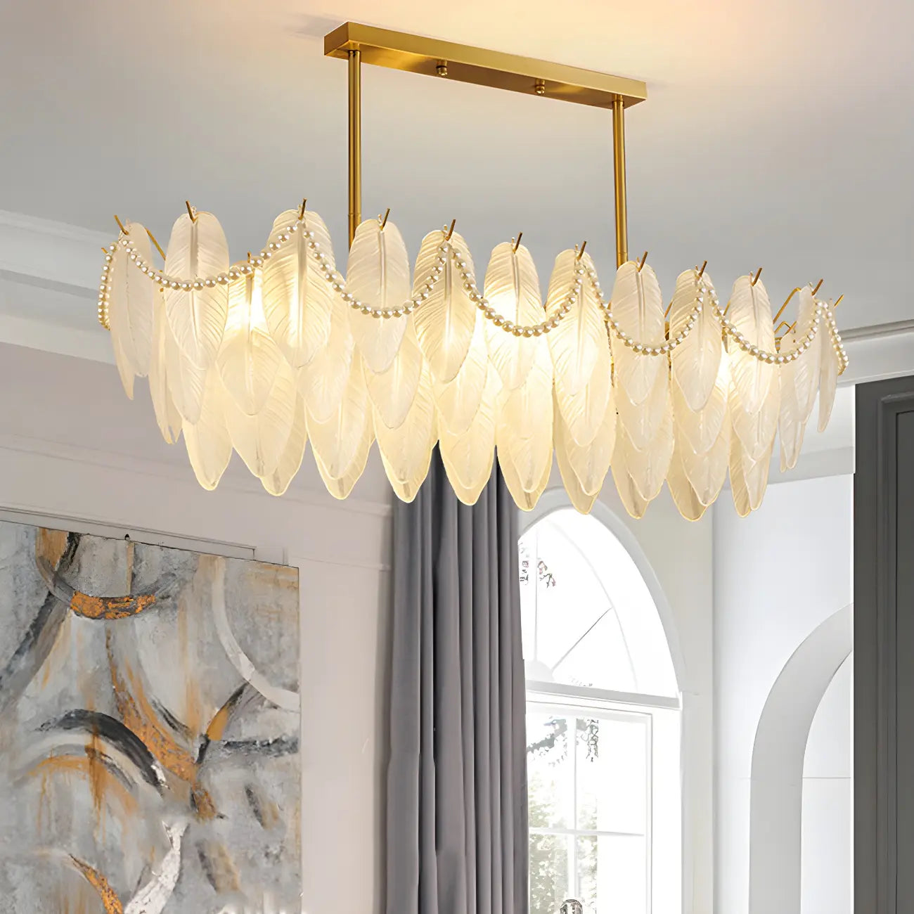 Adjustable Modern Glass Feather Island Chandelier in Gold