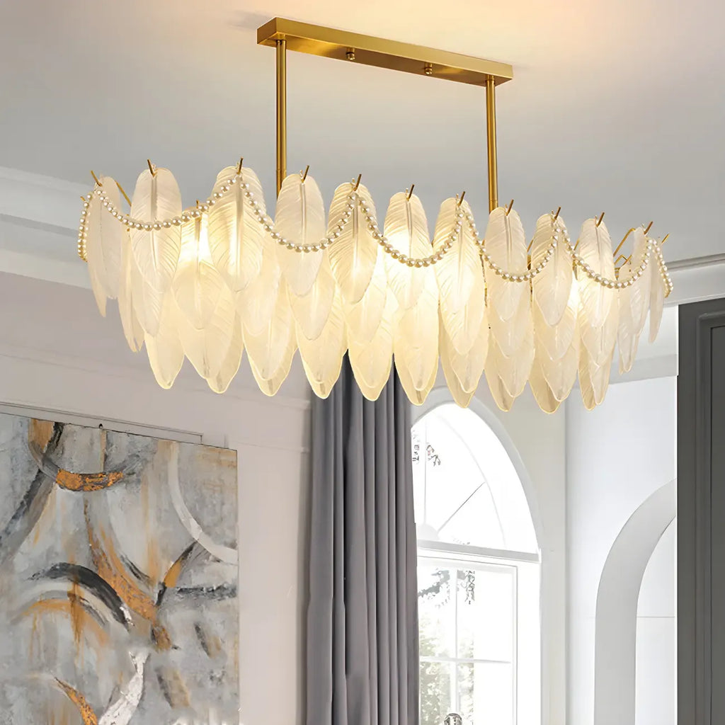 Adjustable Modern Glass Feather Island Chandelier in Gold