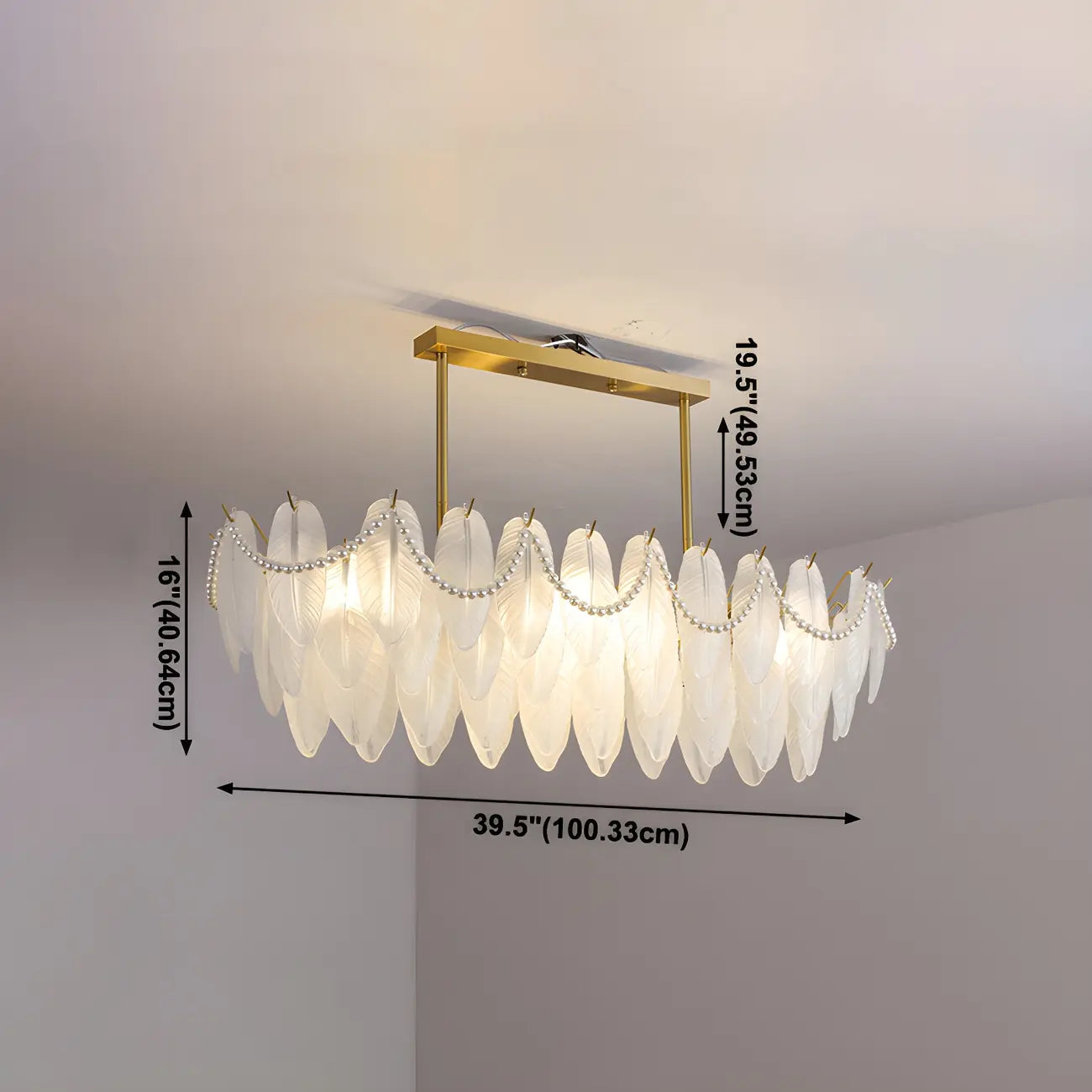 Adjustable Modern Glass Feather Island Chandelier in Gold