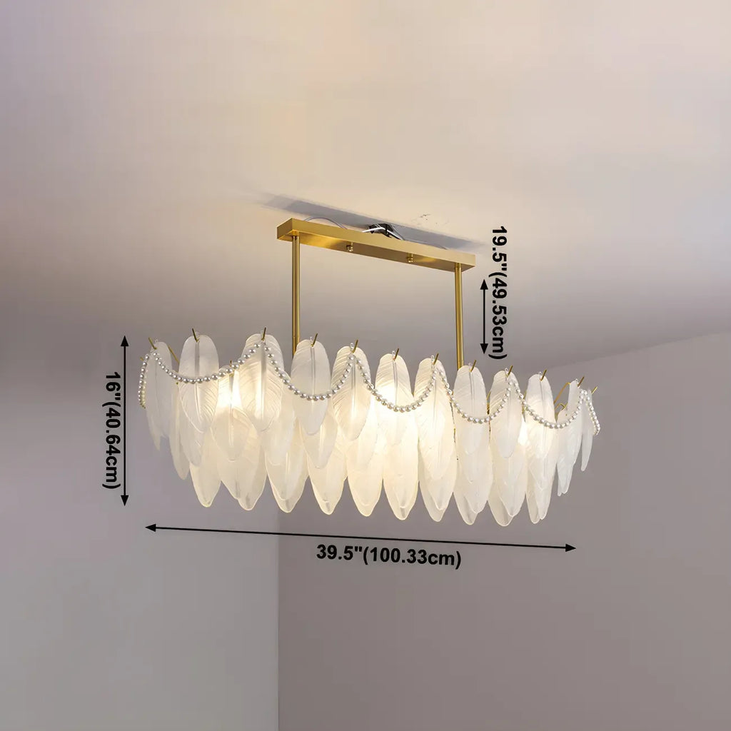 Adjustable Modern Glass Feather Island Chandelier in Gold