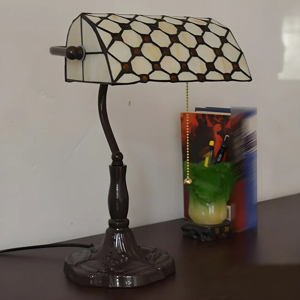 HomeyFad Retro Stained Glass LED Banker Table Lamp in Pull Chain