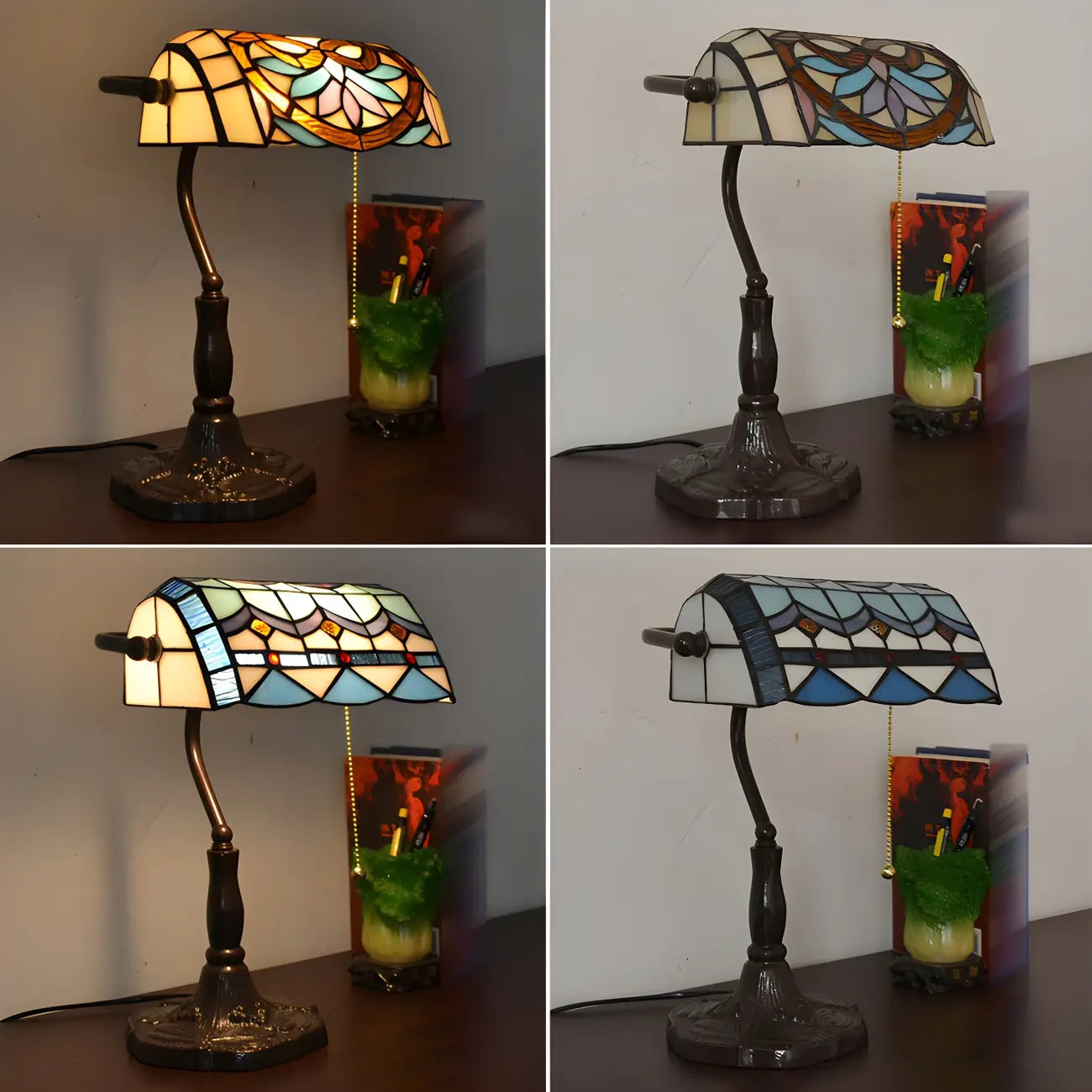 HomeyFad Retro Stained Glass LED Banker Table Lamp in Pull Chain