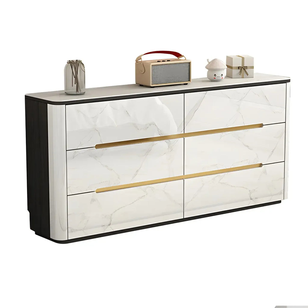 Stylish Mirrored Double Dresser with Stone Top & Metal Legs