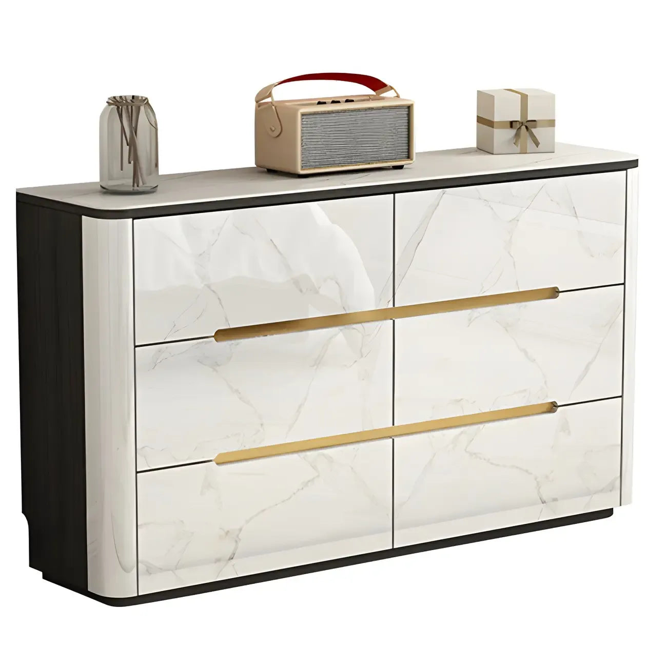 Stylish Mirrored Double Dresser with Stone Top & Metal Legs