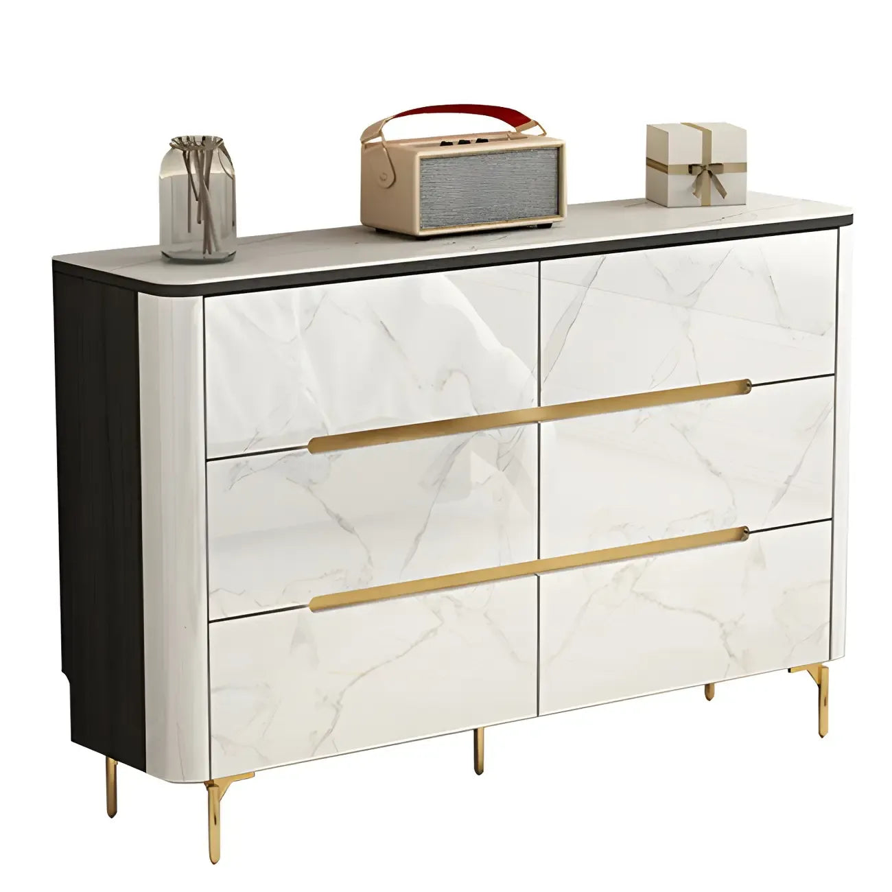 Stylish Mirrored Double Dresser with Stone Top & Metal Legs